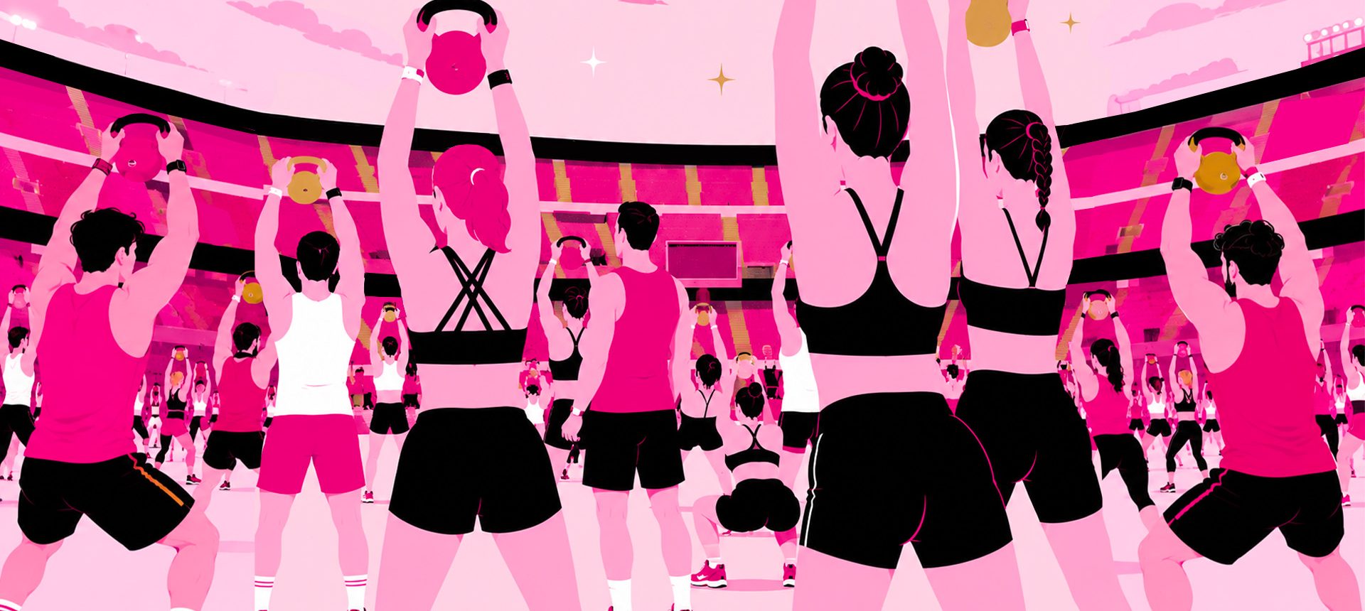 Illustrazione grafica di partecipanti all'evento Fitness Rosanero Muoviti che si allenano allo Stadio Renzo Barbera di Palermo.