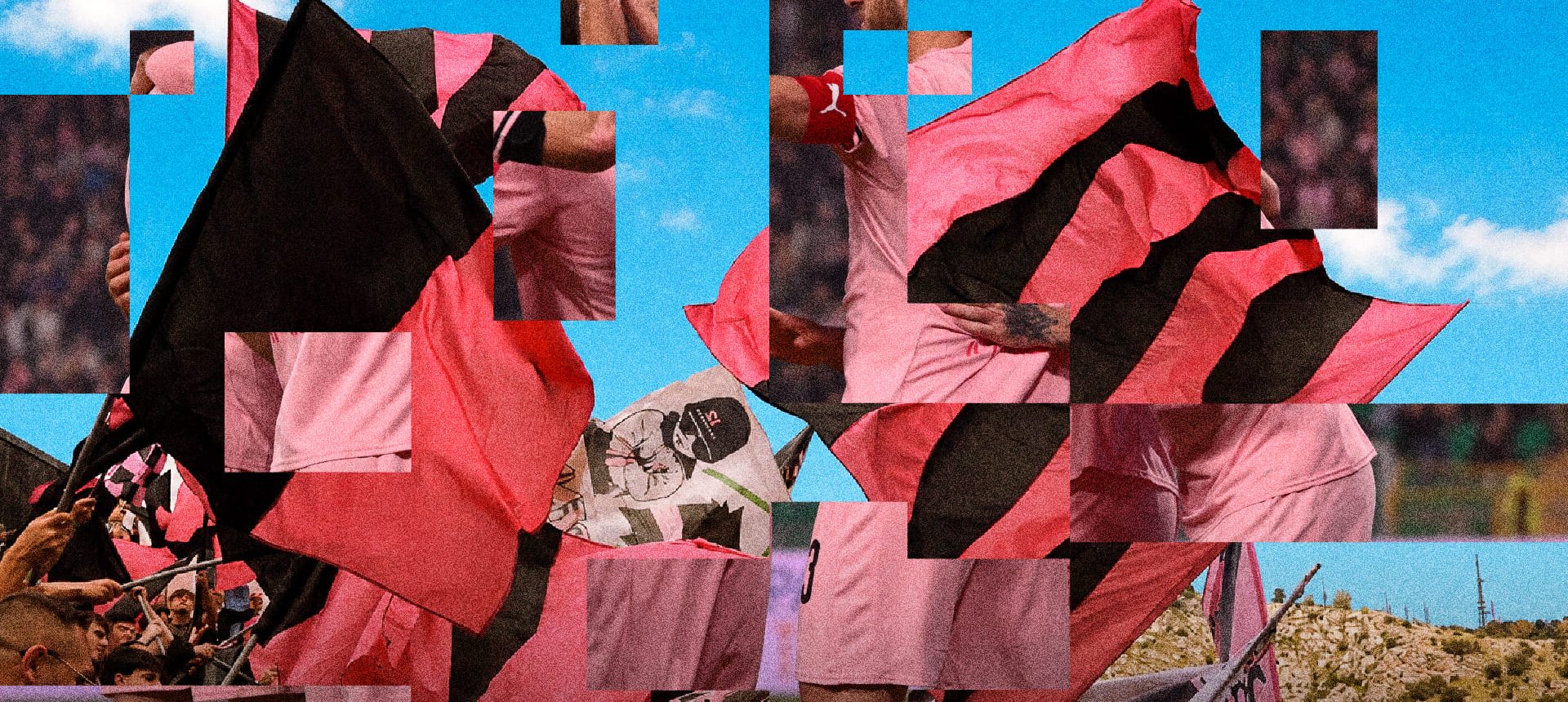collage di foto del Palermo FC con frammenti di giocatori, tifosi e bandiere rosanero sullosfondo del cielo azzurro con nuvole bianche